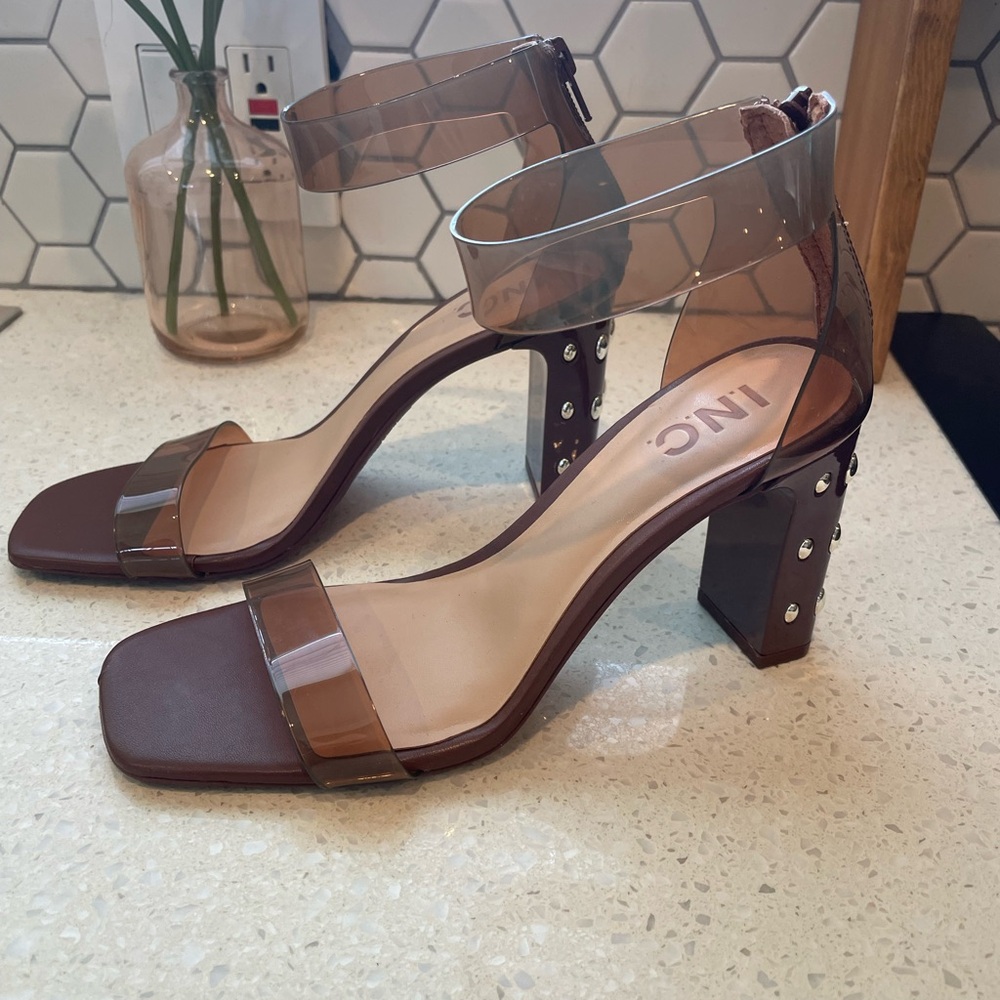 INC International Concepts Makenna Women's Faux Leather Brown Block Heels